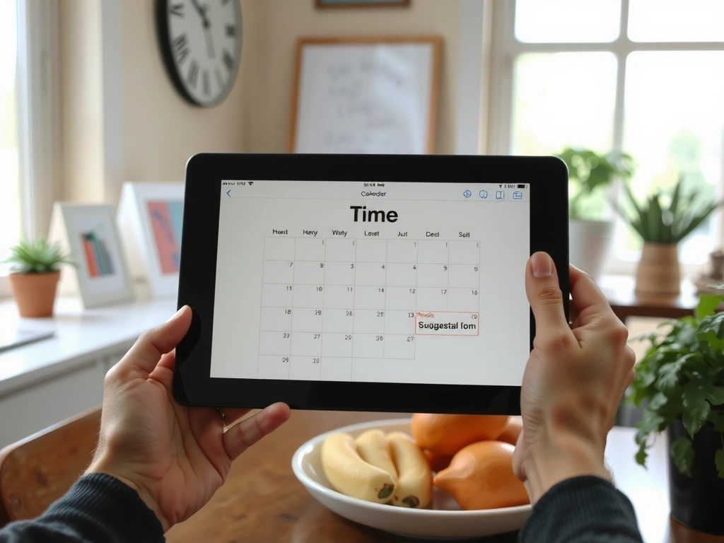 Hand blättert auf Tablet im Kalender mit markiertem Terminvorschlag