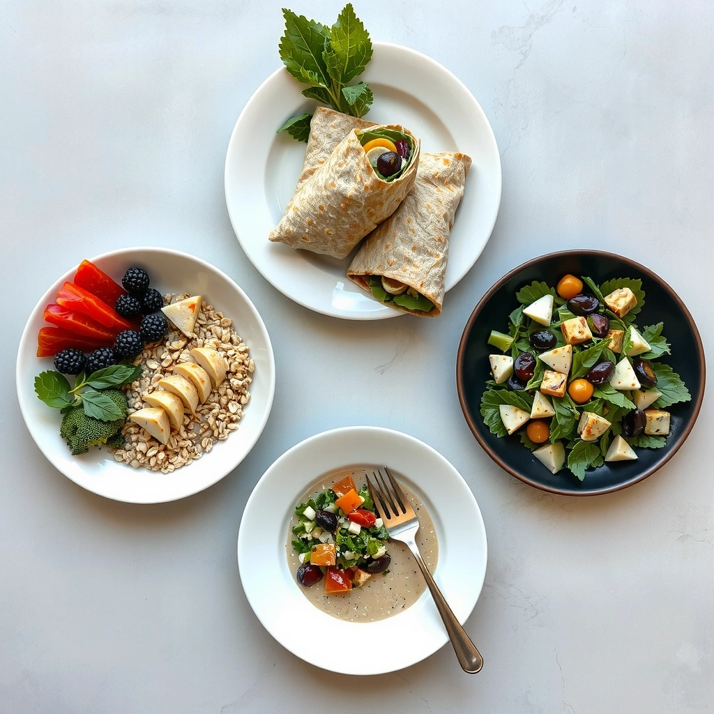 Beispiel-Teller: Wrap, Porridge, Salat